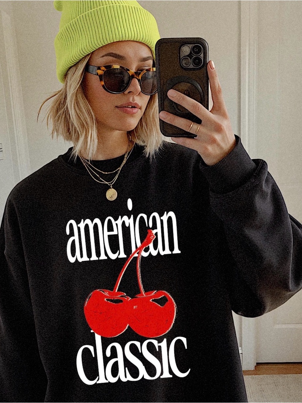 Unisex Black Retro American Classic Sweatshirt Crewneck with Red Cherry Graphic